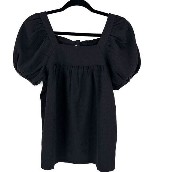 Madewell Seersucker Bubble-Sleeve Top Puff Sleeve Black Blouse XS Boho romantic - Picture 2 of 12